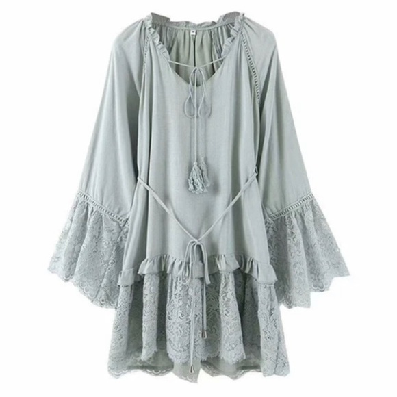 New Boho Lace Mint Floral Long Sleeve Gypsy Dress - Picture 4 of 7